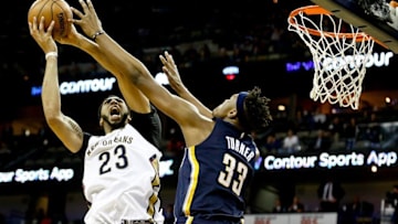 Dec 15, 2016; New Orleans, LA, USA; New Orleans Pelicans forward Anthony Davis (23) shoots over Indiana Pacers center Myles Turner (33) during the fourth quarter of a game at the Smoothie King Center. The Pelicans defeated the Pacers 102-95. Mandatory Credit: Derick E. Hingle-USA TODAY Sports