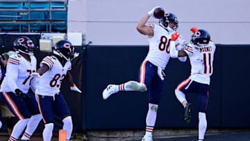 Dec 27, 2020; Jacksonville, Florida, USA; Chicago Bears tight end Jimmy Graham (80) celebrates after scoring a touchdown during the second half against the Jacksonville Jaguars at TIAA Bank Field. Mandatory Credit: Douglas DeFelice-USA TODAY Sports