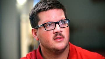 Oklahoma offensive lineman Andrew Raym speaks during media day for the University of Oklahoma football at the Gaylord Family Oklahoma Memorial Stadium in Norman, Okla., Tuesday, Aug., 2, 2022.Ou Fb Media Day