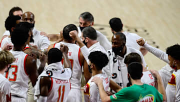 Dec 4, 2020; College Park, Maryland, USA; Maryland Terrapins huddles during the second half against the St. Peter's Peacocks at Xfinity Center. Mandatory Credit: Tommy Gilligan-USA TODAY Sports