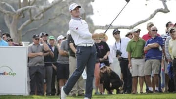 Feb 15, 2014; Pacific Palisades, CA, USA; Jimmy Walker (USA) tees off on the 18th hole during the third round of the Northern Trust Open at Riviera Country Club. Mandatory Credit: Andrew Fielding-USA TODAY Sports