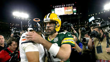 GREEN BAY, WI - SEPTEMBER 09: Aaron Rodgers #12 shakes hands with Mitchell Trubisky #10 after a game at Lambeau Field on September 9, 2018 in Green Bay, Wisconsin. The Packers defeated the Bears 24-23. (Photo by Dylan Buell/Getty Images)