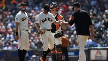 SAN FRANCISCO, CA - SEPTEMBER 30: Andrew Suarez #59 of the San Francisco Giants is pulled in the third inning during their MLB game against the Los Angeles Dodgers at AT&T Park on September 30, 2018 in San Francisco, California. (Photo by Robert Reiners/Getty Images)