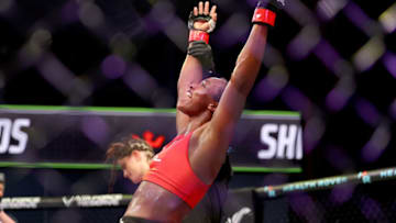ATLANTIC CITY, NEW JERSEY - JUNE 10: Claressa Shields of the United States celebrates her win over Brittney Elkin of the United States during the lightweight bout in Ovation Hall at Ocean Casino Resort on June 10, 2021 in Atlantic City, New Jersey. (Photo by Elsa/Getty Images)