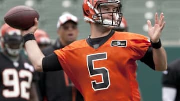 Jun 11, 2014; Cincinnati, OH, USA; Cincinnati Bengals quarterback AJ McCarron (5) during minicamp at Paul Brown Stadium. Mandatory Credit: Aaron Doster-USA TODAY Sports