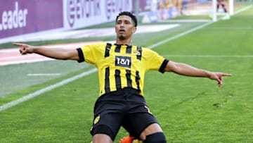 DORTMUND, GERMANY - MAY 13: Jude Bellingham of Borussia Dortmund celebrates after scoring the team's second goal during the Bundesliga match between Borussia Dortmund and Borussia Mönchengladbach at Signal Iduna Park on May 13, 2023 in Dortmund, Germany. (Photo by Christof Koepsel/Getty Images)