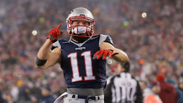 FOXBORO, MA - JANUARY 22: Julian Edelman #11 of the New England Patriots runs on to the field prior to the AFC Championship Game against the Pittsburgh Steelers at Gillette Stadium on January 22, 2017 in Foxboro, Massachusetts. (Photo by Jim Rogash/Getty Images)