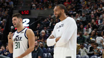 SALT LAKE CITY, UT - OCTOBER 04: Rudy Gobert #27 of the Utah Jazz smiles during the meet the team event at vivint.SmartHome Arena on October 04, 2019 in Salt Lake City, Utah. NOTE TO USER: User expressly acknowledges and agrees that, by downloading and or using this Photograph, User is consenting to the terms and conditions of the Getty Images License Agreement. Mandatory Copyright Notice: Copyright 2019 NBAE (Photo by Melissa Majchrzak/NBAE via Getty Images)