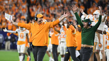 Dec 30, 2021; Nashville, TN, USA; Tennessee Volunteers head coach Josh Heupel reacts after a player is called short of the goal line in overtime against the Purdue Boilermakers in the 2021 Music City Bowl at Nissan Stadium. Mandatory Credit: Christopher Hanewinckel-USA TODAY Sports