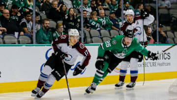 DALLAS, TX - SEPTEMBER 30: Colorado Avalanche center Tyson Jost (17) skates with the puck as Dallas Stars right wing Brett Ritchie (25) chases him during the game between the Dallas Stars and the Colorado Avalanche on September 30, 2018 at the American Airlines Center in Dallas, Texas. Colorado defeats Dallas 6-5. (Photo by Matthew Pearce/Icon Sportswire via Getty Images)