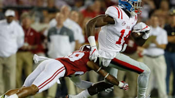 TUSCALOOSA, AL - SEPTEMBER 30: D.K. Metcalf #14 of the Mississippi Rebels pulls in this reception against Anthony Averett #28 of the Alabama Crimson Tide at Bryant-Denny Stadium on September 30, 2017 in Tuscaloosa, Alabama. (Photo by Kevin C. Cox/Getty Images)