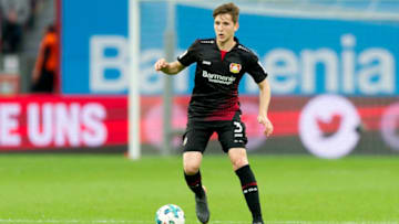 LEVERKUSEN, GERMANY - APRIL 28: Panagiotis Retsos of Leverkusen controls the ball during the Bundesliga match between Bayer 04 Leverkusen and VfB Stuttgart at BayArena on April 28, 2018 in Leverkusen, Germany. (Photo by TF-Images/Getty Images)