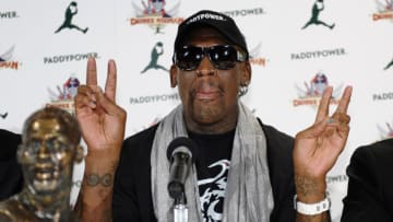Former-NBA player Dennis Rodman holds a news conference in New York on September 9, 2013 to discuss his recent trip to North Korea. Rodman said that he will put together a "basketball diplomacy" event involving players from North Korea. The event will be sponsored by the Irish online betting company Paddy Power. At the news conference, he called Kim Jong Un, ruler of the repressive state, a "very good guy." AFP PHOTO / TIMOTHY CLARY (Photo credit should read TIMOTHY CLARY/AFP via Getty Images)