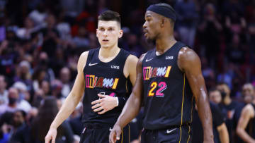 Tyler Herro #14 and Jimmy Butler #22 of the Miami Heat look on against the Utah Jazz(Photo by Michael Reaves/Getty Images)