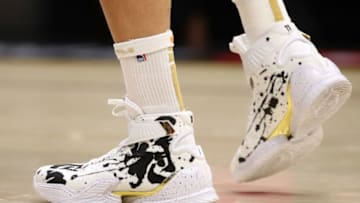 CLEVELAND, OH - JUNE 06: A detail of Klay Thompson #11 of the Golden State Warriors Anta KT3 shoes during Game Three of the 2018 NBA Finals against the Cleveland Cavaliers at Quicken Loans Arena on June 6, 2018 in Cleveland, Ohio. NOTE TO USER: User expressly acknowledges and agrees that, by downloading and or using this photograph, User is consenting to the terms and conditions of the Getty Images License Agreement. (Photo by Gregory Shamus/Getty Images)