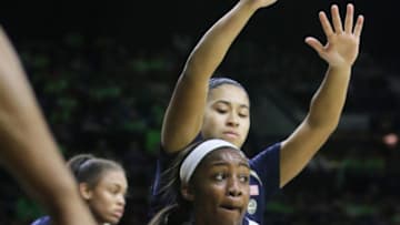 SOUTH BEND, IN - JANUARY 12: Notre Dame Fighting Irish guard Jackie Young (5)fights for rebound during an NCAA women's basketball game between the Notre Dame Fighting Irish and the Pittsburgh Panthers on January 12, 2017, at Purcell Pavilion in South Bend, IN. Notre Dame defeated Pitt 86-54. (Photo by Marcus Snowden/Icon Sportswire via Getty Images)