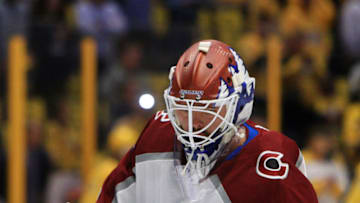 NASHVILLE, TN - APRIL 20: The artwork on the mask of Colorado Avalanche goalie Spencer Martin (30) is shown prior to Game Five of Round One of the Stanley Cup Playoffs between the Colorado Avalanche and Nashville Predators, held on April 20, 2018, at Bridgestone Arena in Nashville, Tennessee. (Photo by Danny Murphy/Icon Sportswire via Getty Images)