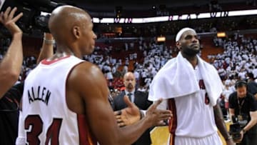 May 26, 2014; Miami, FL, USA; Miami Heat guard Ray Allen (34) celebrates with LeBron James (6) after their 102-90 victory against the Indiana Pacers in game four of the Eastern Conference Finals of the 2014 NBA Playoffs at American Airlines Arena. Mandatory Credit: Steve Mitchell-USA TODAY Sports