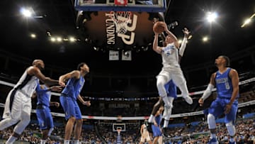 ORLANDO, FL - OCTOBER 5: Mario Hezonja #8 of the Orlando Magic goes to the basket against the Dallas Mavericks during a preseason game on October 5, 2017 at Amway Center in Orlando, Florida. NOTE TO USER: User expressly acknowledges and agrees that, by downloading and or using this photograph, User is consenting to the terms and conditions of the Getty Images License Agreement. Mandatory Copyright Notice: Copyright 2017 NBAE (Photo by Fernando Medina/NBAE via Getty Images)