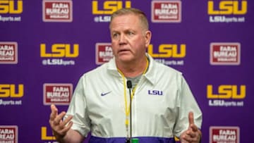 LSU football coach Brian Kelly speaks to media following the first spring practice under him on March 24.jump2