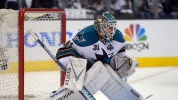 May 23, 2013; Los Angeles, CA, USA; San Jose Sharks goalie Antti Niemi (31) during game five of the second round of the 2013 Stanley Cup Playoffs against the Los Angeles Kings at the Staples Center. The Kings defeated the Sharks to take a 3-2 series lead. Mandatory Credit: Kirby Lee-USA TODAY Sports
