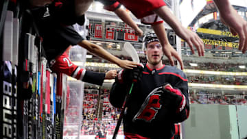 RALEIGH, NC - MAY 14: Andrei Svechnikov #37 of the Carolina Hurricanes leaves the ice following warmups prior to Game Three of the Eastern Conference Third Round against the Boston Bruins during the 2019 NHL Stanley Cup Playoffs on May 14, 2019 at PNC Arena in Raleigh, North Carolina. (Photo by Gregg Forwerck/NHLI via Getty Images)