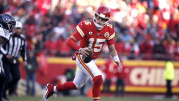 KANSAS CITY, MISSOURI - JANUARY 19: Patrick Mahomes #15 of the Kansas City Chiefs runs on his way to scoring a 27 yard touchdown in the second quarter against the Tennessee Titans in the AFC Championship Game at Arrowhead Stadium on January 19, 2020 in Kansas City, Missouri. (Photo by David Eulitt/Getty Images)