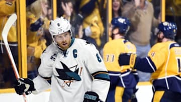 May 3, 2016; Nashville, TN, USA; San Jose Sharks center Joe Pavelski (8) reacts after a goal by Nashville Predators left winger Colin Wilson (33) during the third period in game three of the second round of the 2016 Stanley Cup Playoffs at Bridgestone Arena. Mandatory Credit: Christopher Hanewinckel-USA TODAY Sports
