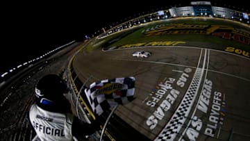 LAS VEGAS, NEVADA - SEPTEMBER 13: Austin Hill, driver of the #16 Gunma Toyopet Toyota, crosses the finish line to win the NASCAR Gander Outdoor Truck Series World of Westgate Las Vegas 200 at Las Vegas Motor Speedway on September 13, 2019 in Las Vegas, Nevada. (Photo by Jonathan Ferrey/Getty Images)