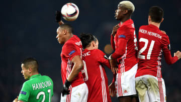 MANCHESTER, ENGLAND - FEBRUARY 16: (L-R) Anthony Martial, Zlatan Ibrahimovic, Paul Pogba and Ander Herrera of Manchester United react to a cross during the UEFA Europa League Round of 32 first leg match between Manchester United and AS Saint-Etienne at Old Trafford on February 16, 2017 in Manchester, United Kingdom. (Photo by Shaun Botterill/Getty Images)