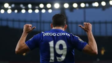 LONDON, ENGLAND - JANUARY 24: Diego Costa of Chelsea celebrates after he scores to make it 0-1 during the Barclays Premier League match between Arsenal and Chelsea at the Emirates Stadium on January 24, 2016 in London, England. (Photo by Catherine Ivill - AMA/Getty Images)