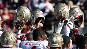 PASADENA, CA - JANUARY 01: The Florida State Seminoles huddle on the field prior to the College Football Playoff Semifinal at the Rose Bowl Game presented by Northwestern Mutual at the Rose Bowl on January 1, 2015 in Pasadena, California. (Photo by Stephen Dunn/Getty Images)