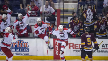 ROSEMONT, IL - JUNE 06: Charlotte Checkers center Nicolas Roy (15) celebrates an empty net goal in the third period during game four of the AHL Calder Cup Finals against the Chicago Wolves on June 6, 2019, at the Allstate Arena in Rosemont, IL. (Photo by Patrick Gorski/Icon Sportswire via Getty Images)