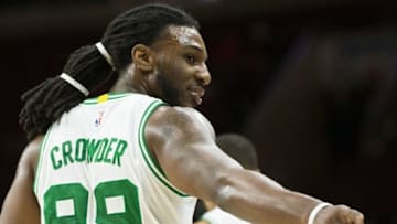 Jan 24, 2016; Philadelphia, PA, USA; Boston Celtics forward Jae Crowder (99) reacts to a score against the Philadelphia 76ers during the second half at Wells Fargo Center. The Celtics won 112-92. Mandatory Credit: Bill Streicher-USA TODAY Sports