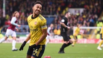 Arsenal's Gabonese striker Pierre-Emerick Aubameyang gestures during the English Premier League football match between Burnley and Arsenal at Turf Moor in Burnley, north west England on February 2, 2020. (Photo by Oli SCARFF / AFP) / RESTRICTED TO EDITORIAL USE. No use with unauthorized audio, video, data, fixture lists, club/league logos or 'live' services. Online in-match use limited to 120 images. An additional 40 images may be used in extra time. No video emulation. Social media in-match use limited to 120 images. An additional 40 images may be used in extra time. No use in betting publications, games or single club/league/player publications. / (Photo by OLI SCARFF/AFP via Getty Images)