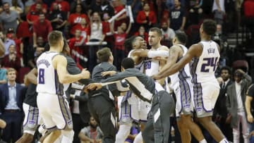 HOUSTON, TX - DECEMBER 09: Nemanja Bjelica #88 of the Sacramento Kings is congratulated by teammates after making a game-winning, three-point shot against the Houston Rockets at Toyota Center on December 9, 2019 in Houston, Texas. NOTE TO USER: User expressly acknowledges and agrees that, by downloading and or using this photograph, User is consenting to the terms and conditions of the Getty Images License Agreement. (Photo by Tim Warner/Getty Images)