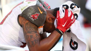 Tampa Bay Buccaneers wide receiver Louis Murphy (18) reacts on the bench against the Cleveland Browns during the fourth quarter at FirstEnergy Stadium. The Browns won 22-17. Mandatory Credit: Ron Schwane-USA TODAY Sports