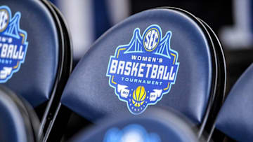 A seat labeled for the tournament before tip off between Texas A&M and Vanderbilt University at the SEC Women's Basketball Tournament at Bon Secours Wellness Arena in Greenville, S.C. Wednesday, March 1, 2023.2023 South Eastern Confernce Women S Basketball Tournament At Bon Secours Wellness Arena In Greenville Sc Sec