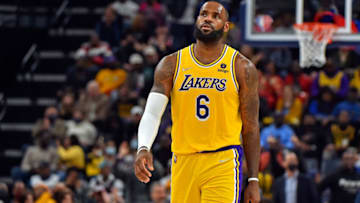 LeBron James #6 of the Los Angeles Lakers reacts during the second half against the Memphis Grizzlies at FedExForum on December 09, 2021 in Memphis, Tennessee. NOTE TO USER: User expressly acknowledges and agrees that , by downloading and or using this photograph, User is consenting to the terms and conditions of the Getty Images License Agreement. (Photo by Justin Ford/Getty Images)