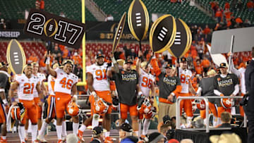 Jan 9, 2017; Tampa, FL, USA; Clemson Tigers celebrate after winning the 2017 College Football Playoff National Championship Game against the Alabama Crimson Tide 35-31at Raymond James Stadium. Mandatory Credit: Matthew Emmons-USA TODAY Sports