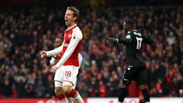 LONDON, ENGLAND - JANUARY 20: Nacho Monreal of Arsenal celebrates after scoring his sides first goal during the Premier League match between Arsenal and Crystal Palace at Emirates Stadium on January 20, 2018 in London, England. (Photo by Clive Mason/Getty Images)