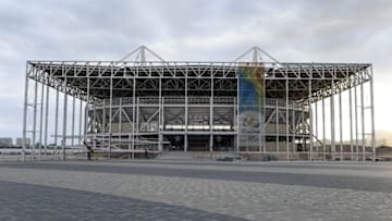 Oct 6, 2015; Rio de Janeiro, BRA; A general view of the Aquatics Venue during a venue tour in the Rio 2016 world press briefing. This venue is a temporary venue that will be deconstructed after the Olympic Games in August 2016. Mandatory Credit: Michael Madrid-USA TODAY Sports