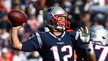 FOXBORO, MA - OCTOBER 01: Tom Brady #12 of the New England Patriots looks to pass during the second half against the Carolina Panthers at Gillette Stadium on October 1, 2017 in Foxboro, Massachusetts. (Photo by Maddie Meyer/Getty Images)