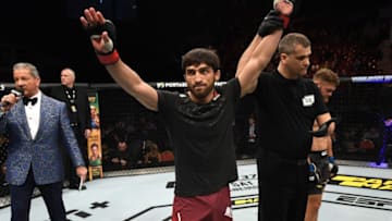 SAINT PETERSBURG, RUSSIA - APRIL 20: Magomed Mustafaev of Russia celebrates his TKO victory over Rafael Fiziev of Kyrgyzstan in their lightweight bout during the UFC Fight Night event at Yubileyny Sports Palace on April 20, 2019 in Saint Petersburg, Russia. (Photo by Jeff Bottari/Zuffa LLC/Zuffa LLC via Getty Images)