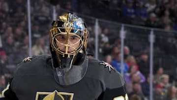 Marc-Andre Fleury #29 of the Vegas Golden Knights takes a break during a stop in play. (Photo by Ethan Miller/Getty Images)