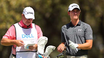 AUSTIN, TEXAS - MARCH 25: Maverick McNealy of the United States talks with his caddie on the eighth tee during the third day of the World Golf Championships-Dell Technologies Match Play at Austin Country Club on March 25, 2022 in Austin, Texas. (Photo by Michael Reaves/Getty Images)