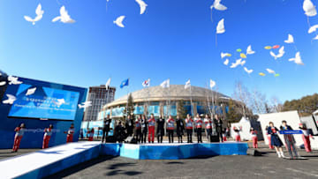 PYEONGCHANG-GUN, SOUTH KOREA - FEBRUARY 01: In this handout photograph provided by, The PyeongChang Organizing Committee for the Olympic and Paralympic Winter Games (POCOG), A general view during the PyeongChang 2018 Olympic Village opening ceremony at the PyeongChang 2018 Olympic Village Plaza on February 1, 2018 in Pyeongchang-gun, South Korea. (Photo by POCOG via Getty Images)