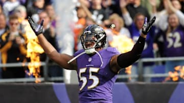 Nov 6, 2016; Baltimore, MD, USA; Baltimore Ravens linebacker Terrell Suggs (55) gets introduced prior to the game against the Pittsburgh Steelers at M&T Bank Stadium. Mandatory Credit: Evan Habeeb-USA TODAY Sports