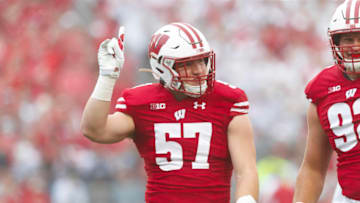 Sep 4, 2021; Madison, Wisconsin, USA; Wisconsin Badgers linebacker Jack Sanborn (57) celebrates following a sack during the first quarter against the Penn State Nittany Lions at Camp Randall Stadium. Mandatory Credit: Jeff Hanisch-USA TODAY Sports