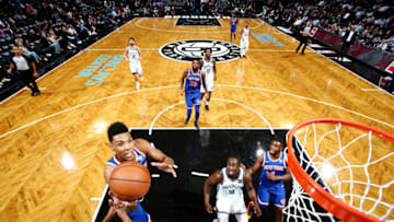 BROOKLYN, NY - OCTOBER 3: Allonzo Trier #14 of the New York Knicks shoots the ball against the Brooklyn Nets during a pre-season game on October 3, 2018 at Barclays Center in Brooklyn, New York. NOTE TO USER: User expressly acknowledges and agrees that, by downloading and or using this Photograph, user is consenting to the terms and conditions of the Getty Images License Agreement. Mandatory Copyright Notice: Copyright 2018 NBAE (Photo by Nathaniel S. Butler/NBAE via Getty Images)